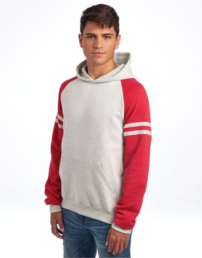 Jerzees 97CR Unisex NuBlend Varsity Colour-Block Hood Oatmeal Heather bodies for a throwback yet modern look