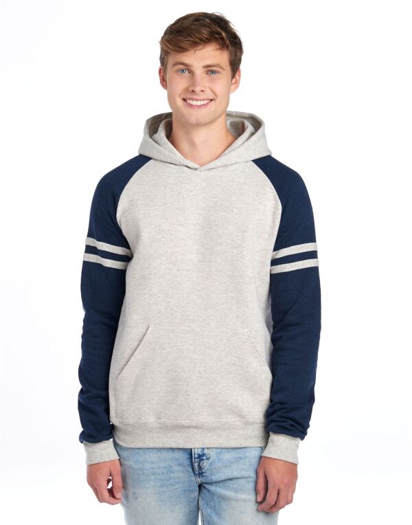 Jerzees 97CR Unisex NuBlend Varsity Colour-Block Hood Oatmeal Heather bodies for a throwback yet modern look