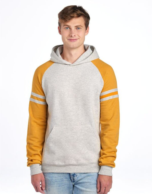 Jerzees 97CR Unisex NuBlend Varsity Colour-Block Hood Oatmeal Heather bodies for a throwback yet modern look