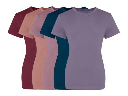 COOZO Ladies Contemporary Fit Pack of 5 Crew Neck Short Sleeve T-Shirts - COOZO